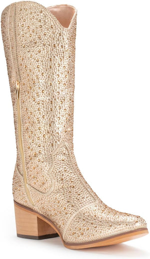 VUN Women Rhinestone Cowboy Boots Sparkly Western Cowgirl Boots glitter boots Embroidered Knee High Chunky Heel Mid Calf with Side Zipper