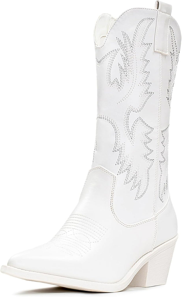 VUN Cowboy Boots For Women Western Cowgirl Boots Pull On Pointy Toe Mid Calf