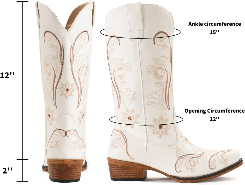 VUN Cowboy Boots For Women Mid Calf Cowgirl Boots Embroidered Pull-On Tabs Snip Toe Boot