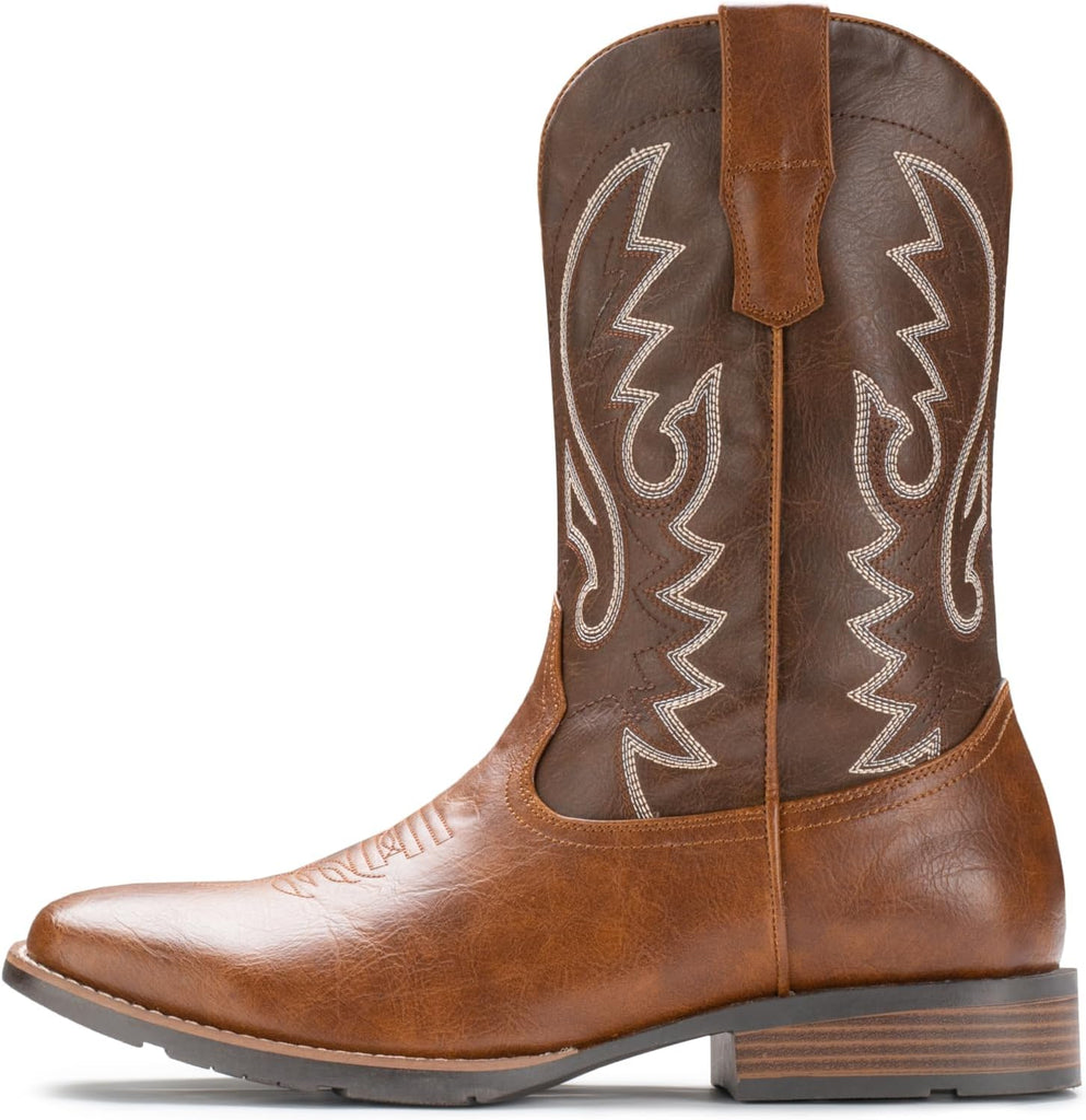 VUN Cowboy Boots For Men with Wide Square Toe Western Retro Boot Durable