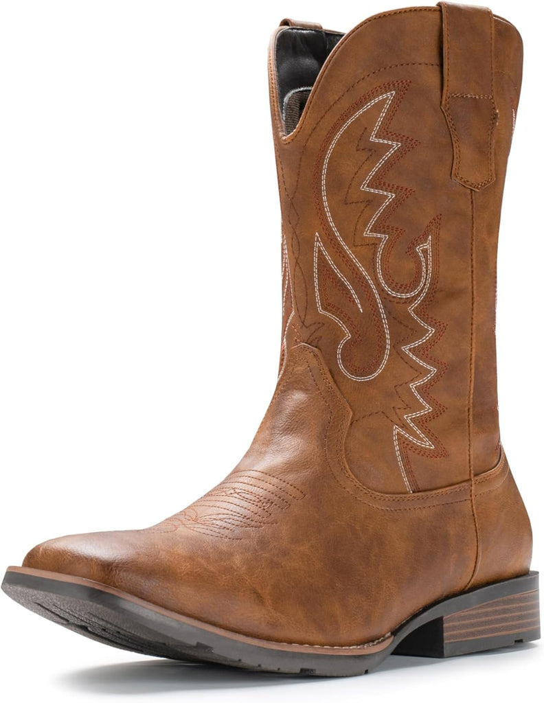 VUN Cowboy Boots For Men with Wide Square Toe Western Retro Boot Durable