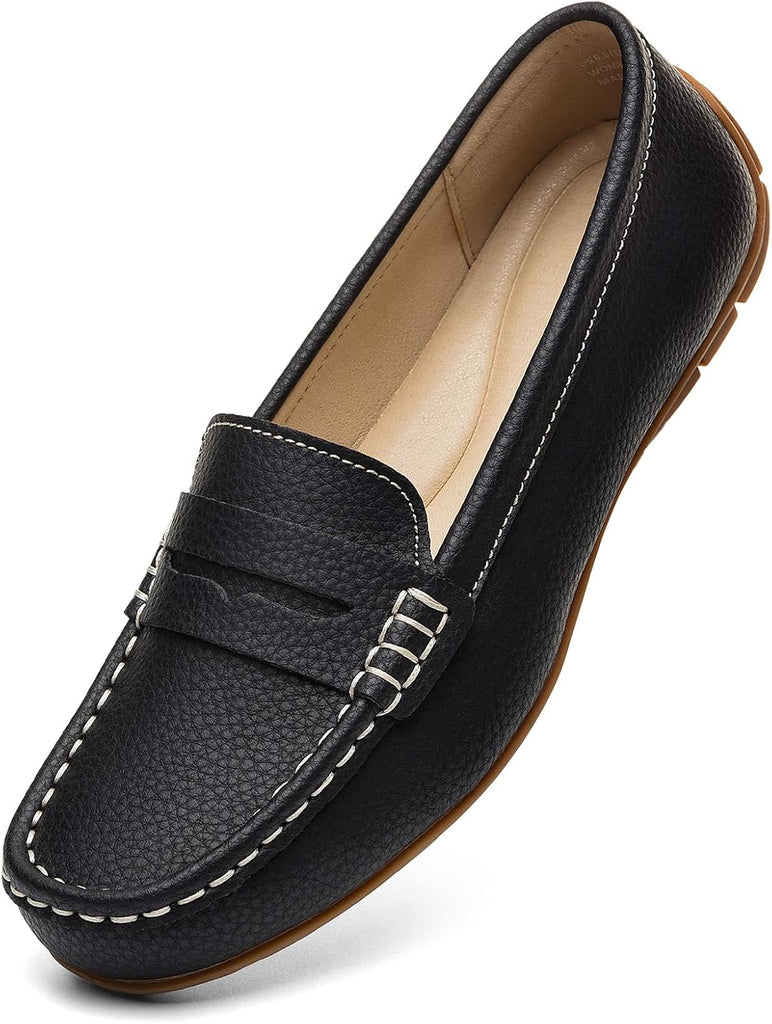 VUN Women's Comfortable & Lightweight Leather Penny Loafers Slip-Ons Cute Business Casual Dress Shoes Work Office Flats