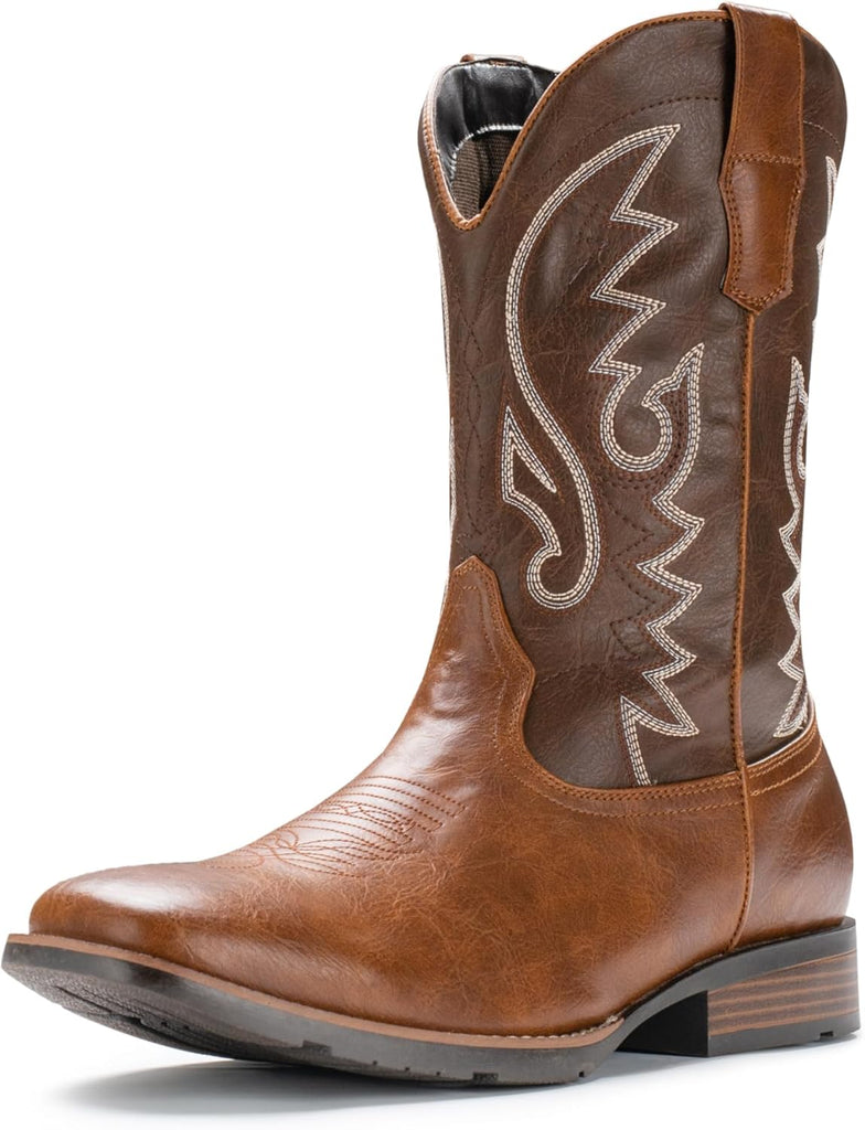 VUN Cowboy Boots For Men with Wide Square Toe Western Retro Boot Durable
