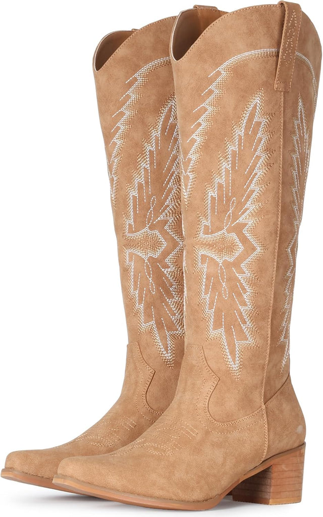 VUN Cowboy Boots for Women Knee High Western Pointy Toe Chunky Heel Zipper Cowgirl Boots