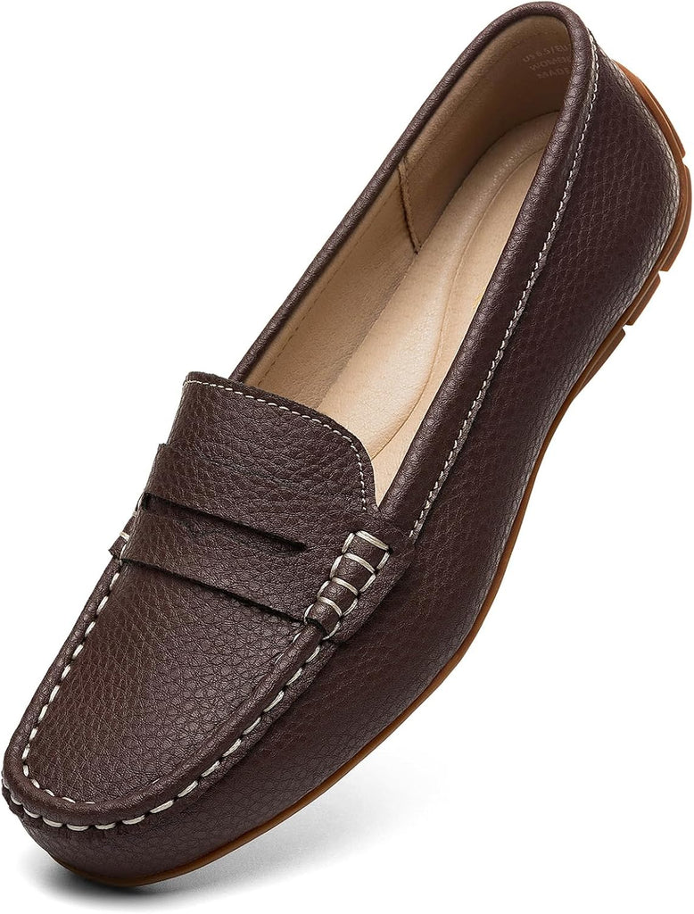 VUN Women's Comfortable & Lightweight Leather Penny Loafers Slip-Ons Cute Business Casual Dress Shoes Work Office Flats