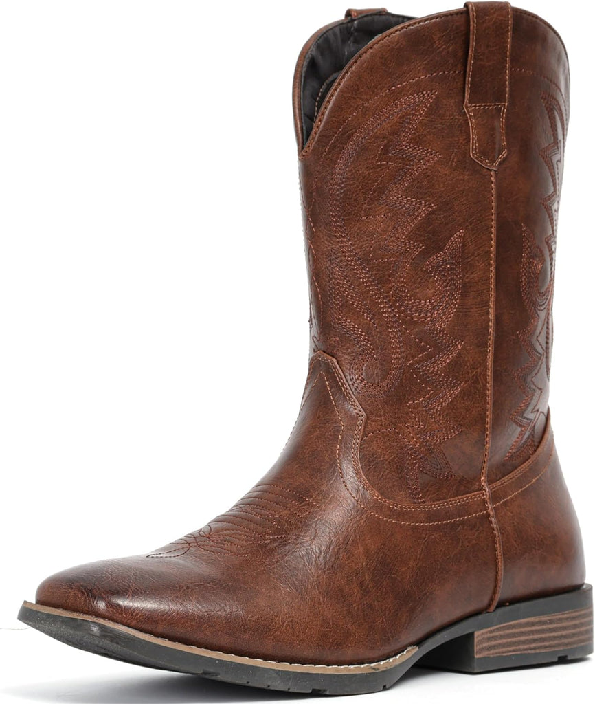 VUN Cowboy Boots For Men with Wide Square Toe Western Retro Boot Durable