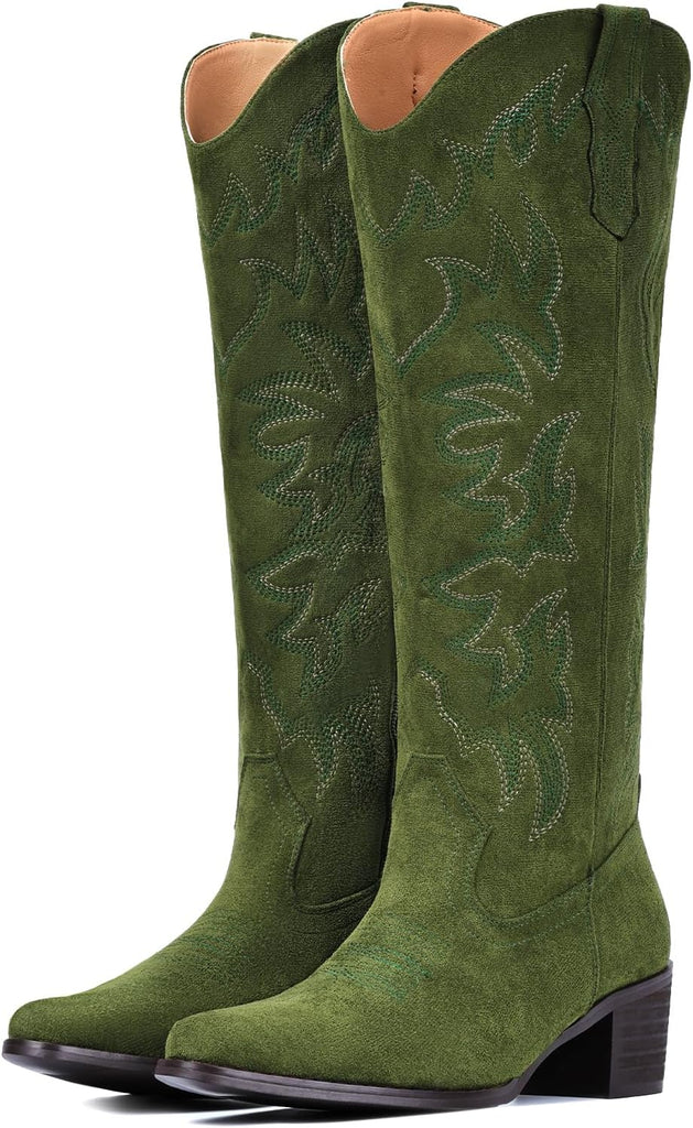 VUN Cowboy Boots For Women Knee High Western Cowgirl Boots Snip Toe Side Zipper Chunky Heel