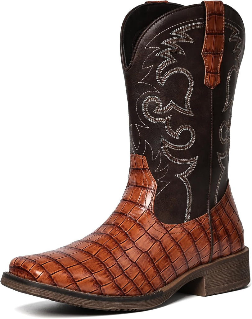 VUN Cowboy Boots For Men Western Caiman Tail Print Wide Fashionable