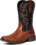 VUN Cowboy Boots For Men Western Caiman Tail Print Wide Fashionable