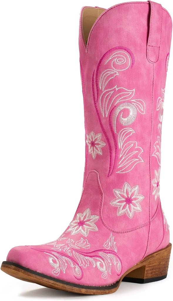 VUN Cowboy Boots For Women Mid Calf Cowgirl Boots Embroidered Pull-On Tabs Snip Toe Boot