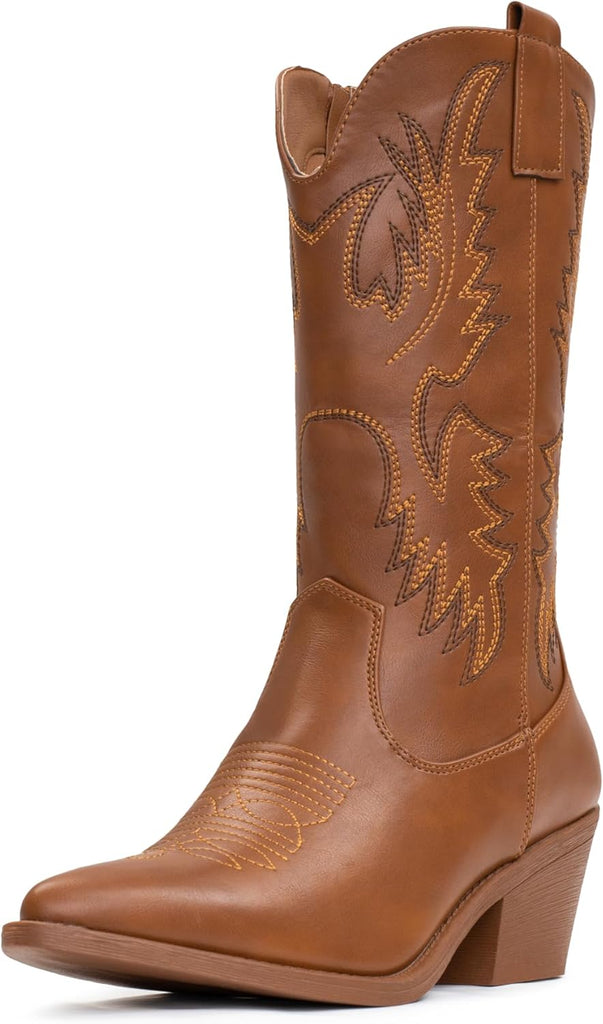 VUN Cowboy Boots For Women Western Cowgirl Boots Pull On Pointy Toe Mid Calf