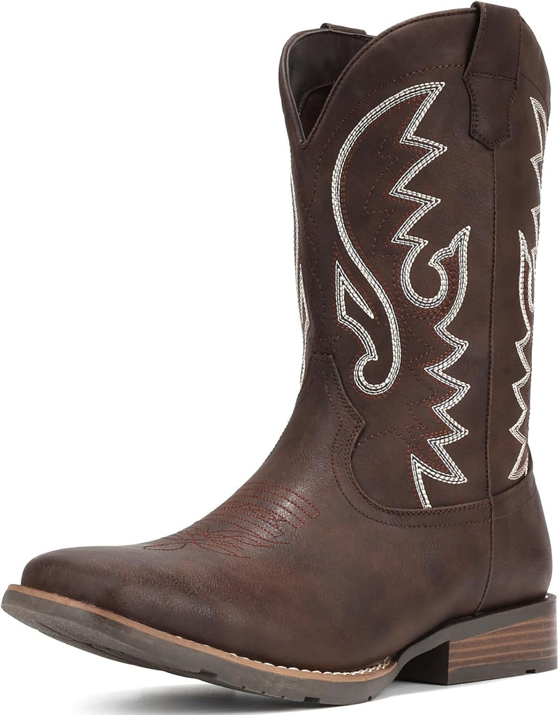 VUN Cowboy Boots For Men with Wide Square Toe Western Retro Boot Durable