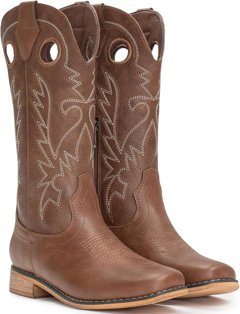 VUN Cowboy Boots for Boys Girls Western Square Toe Cowgirl Boots Mid Calf Riding Shoes