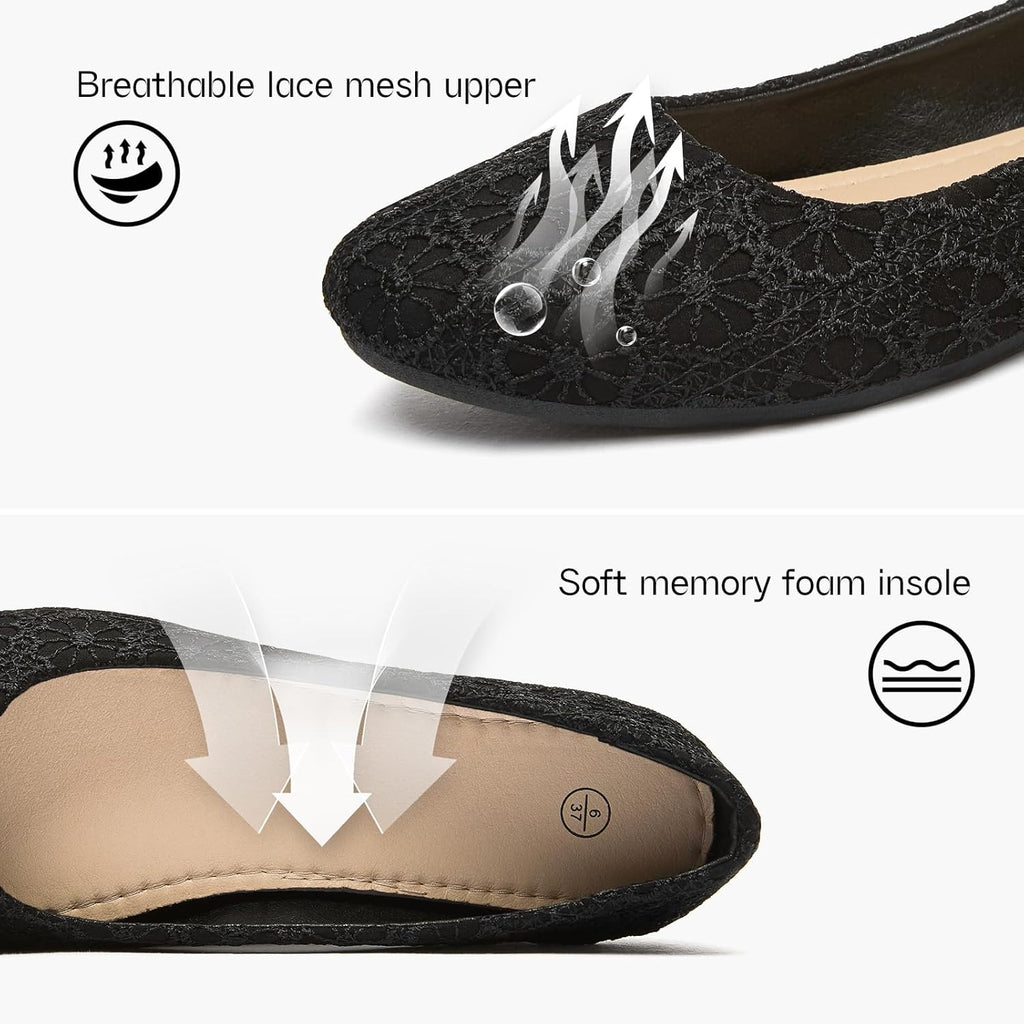 VUN Dress Shoes for Women Round Toe Flats Shoes Lace Ballet Flats