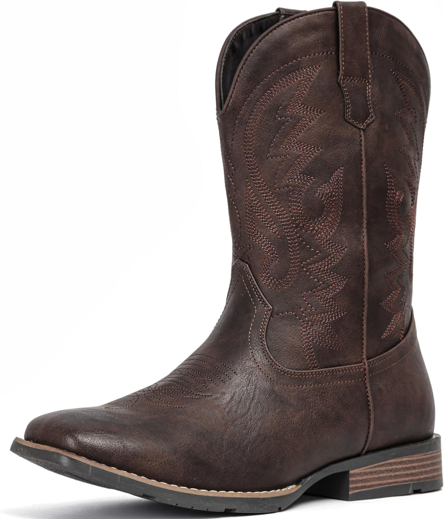 VUN Cowboy Boots For Men with Wide Square Toe Western Retro Boot Durable