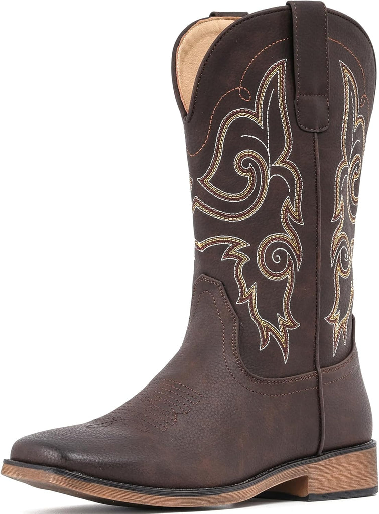 VUN Cowboy Boots For Women Square Toe Western Boots Mid Calf Cowgirl Boots Pull On Fashion Embroidered Cowboy Boots