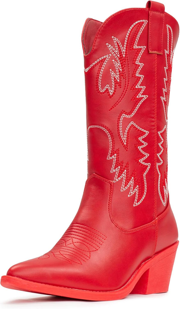 VUN Cowboy Boots For Women Western Cowgirl Boots Pull On Pointy Toe Mid Calf