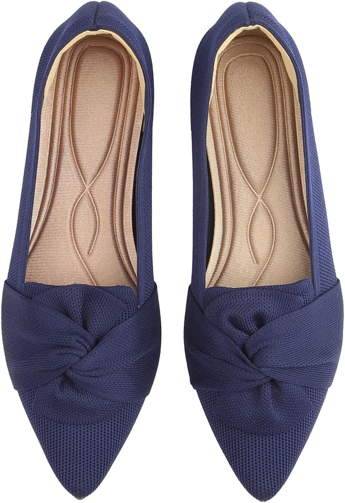 VUN Flats for Womens Pointed Toe Ballet Flats with Bow Comfortable Knit Dressy Flats