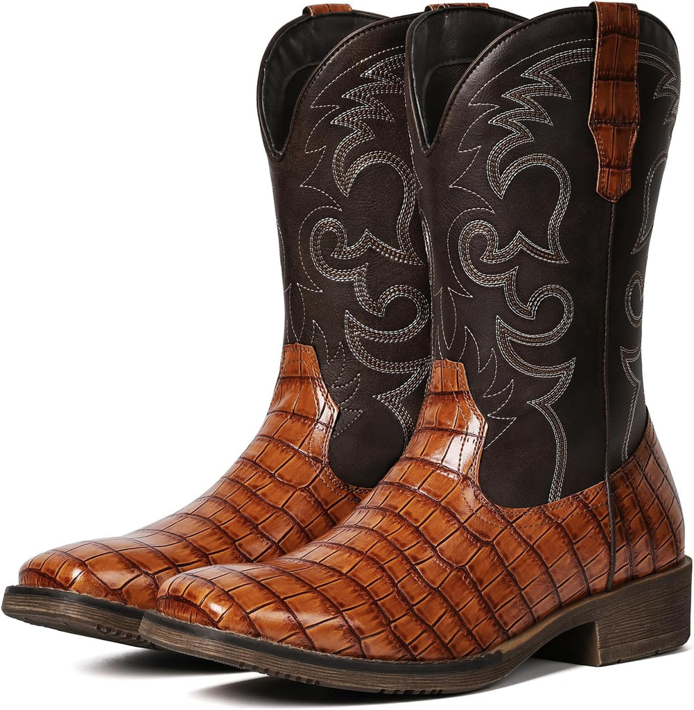 VUN Cowboy Boots For Men Western Caiman Tail Print Wide Fashionable