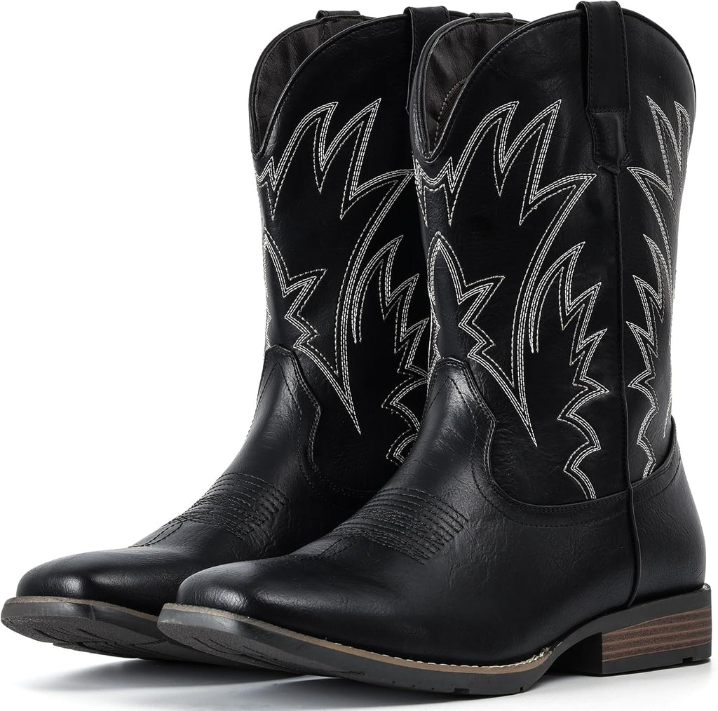 VUN Cowboy Boots For Men Square Toe Western Boots Durable Classic Embroidered Pull On Boot Slip Resistant Country Boot