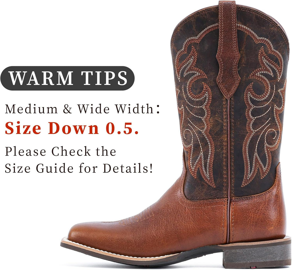 VUN Women's Leather Western Boots Square Toe Cowboy Boots for Women Mid Calf