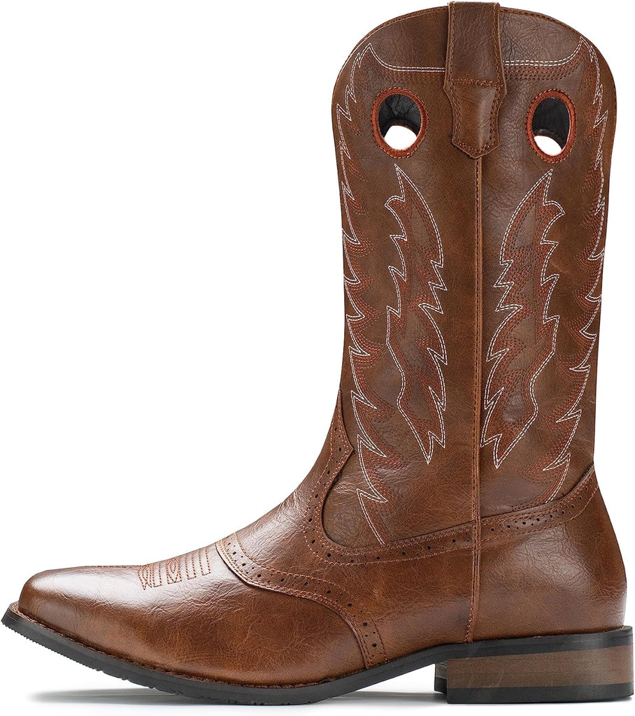 VUN Cowboy Boots For Men Western Boot Classic Embroidered Square Toe Pull On Mid-Calf Boots Round Hole