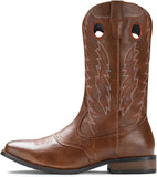 VUN Cowboy Boots For Men Western Boot Classic Embroidered Square Toe Pull On Mid-Calf Boots Round Hole