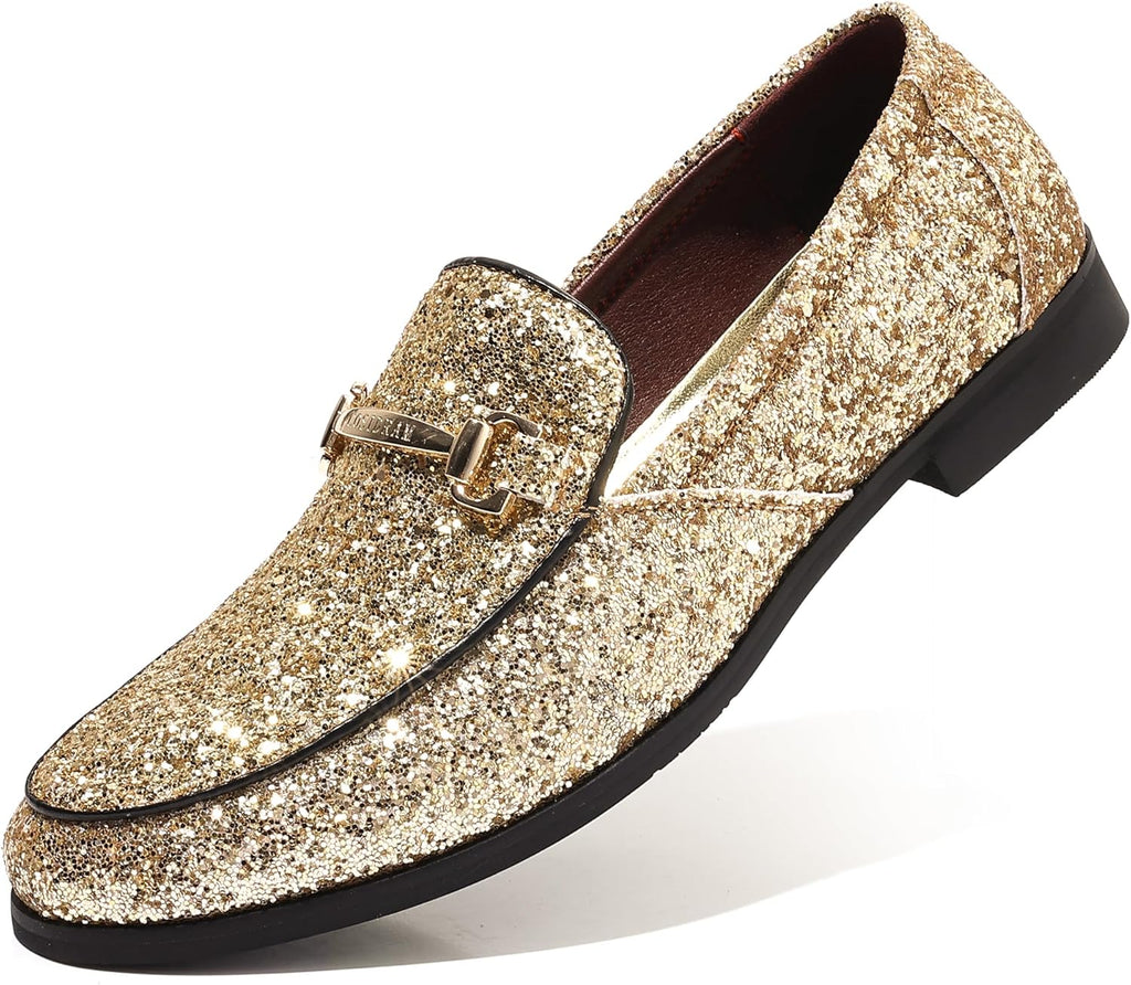 VIM Men's Glitter Dress Shoes Metallic Sequins Tuxedo Luxury Gold Buckle Loafers