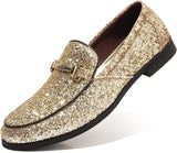 VIM Men's Glitter Dress Shoes Metallic Sequins Tuxedo Luxury Gold Buckle Loafers