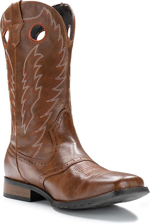 VUN Cowboy Boots For Men Western Boot Classic Embroidered Square Toe Pull On Mid-Calf Boots Round Hole