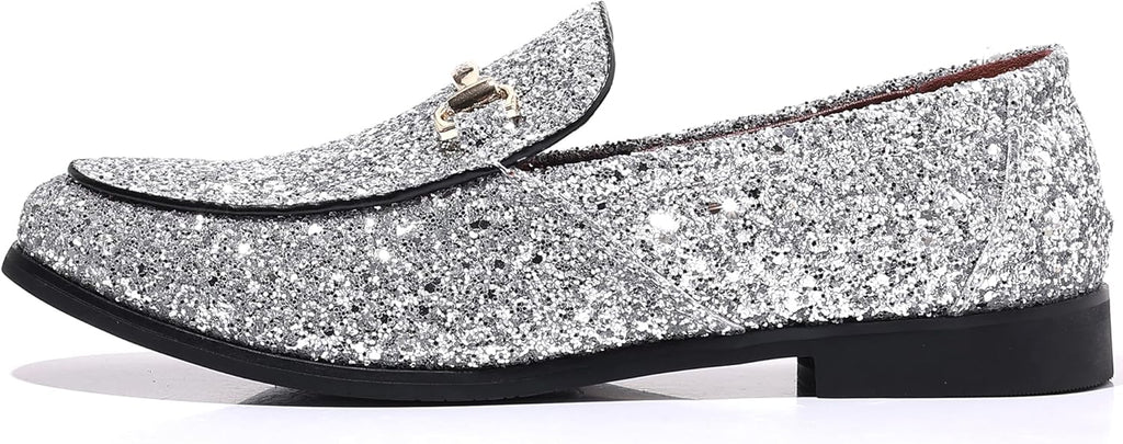 VIM Men's Glitter Dress Shoes Metallic Sequins Tuxedo Luxury Gold Buckle Loafers