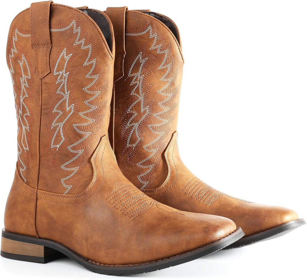 VUN Cowboy Boots For Men Wide Foot Square Toe Western Boots with Classic Embroidered Durable Slip on Boots