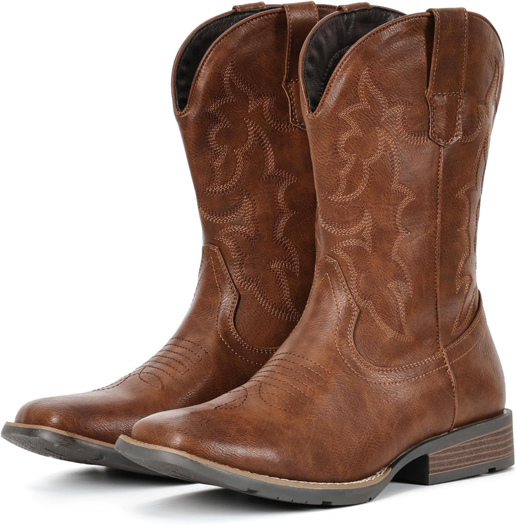 VUN Cowboy Boots For Men Square Toe Western Boot Durable Retro Classic Embroidered Pull On Boot Slip Resistant Country Boots