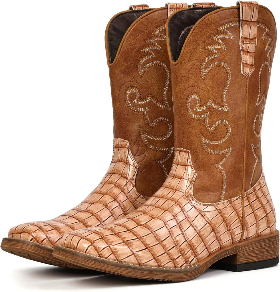 VUN Cowboy Boots For Men Western Caiman Tail Print Wide Fashionable Embroidered
