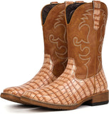 VUN Cowboy Boots For Men Western Caiman Tail Print Wide Fashionable Embroidered