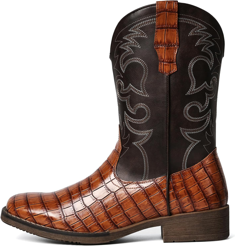 VUN Cowboy Boots For Men Western Caiman Tail Print Wide Fashionable