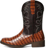 VUN Cowboy Boots For Men Western Caiman Tail Print Wide Fashionable
