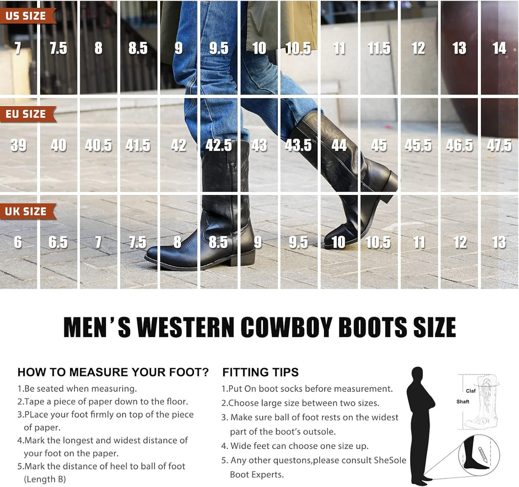 VUN Cowboy Boots For Men Western Boot Durable Classic Embroidered Snip Toe Boots