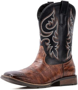 VUN Cowboy Boots Men Square Toe Western Boots Durable Classic Embroidered - Black / 7.5