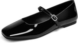 VUN Women's Mary Jane Ballet Flats Square Toe Ankle Strap Shoes for Women Adjustable Buckle Soft Dressy Party Wedding