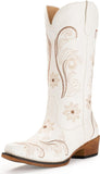 VUN Cowboy Boots For Women Mid Calf Cowgirl Boots Embroidered Pull-On Tabs Snip Toe Boot