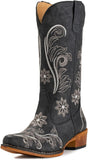 VUN Cowboy Boots For Women Mid Calf Cowgirl Boots Embroidered Pull-On Tabs Snip Toe Boot