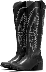 VUN Cowboy Boots for Women Knee High Western Pointy Toe Chunky Heel Zipper Cowgirl Boots - Black / 6