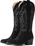 VUN Suede Cowboy Boots For Women Chunky Heel Pointed Toe Cowgirl Boots Mid Calf Western Embroidery fall Boot