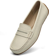 VUN Women's Comfortable & Lightweight Leather Penny Loafers Slip-Ons Cute Business Casual Dress Shoes Work Office Flats - Beige / 7.5