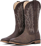 VUN Cowboy Boots For Women Square Toe Western Boots Mid Calf Cowgirl Boots Pull On Embroidered Brown Cowboy Boots