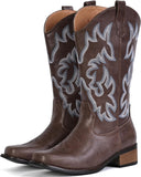 VUN Cowboy Boots For Women Square Toe Cowgirl Boots Mid Calf Western Boots Pull On