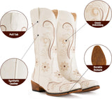 VUN Cowboy Boots For Women Mid Calf Cowgirl Boots Embroidered Pull-On Tabs Snip Toe Boot