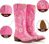 VUN Cowboy Boots For Women Mid Calf Cowgirl Boots Embroidered Pull-On Tabs Snip Toe Boot