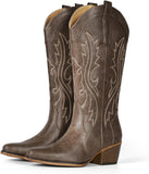 VUN Cowboy Boots For Women Western Cowgirl Boots with Chunky Heel Mid Calf Snip Toe Ideal for low insteps